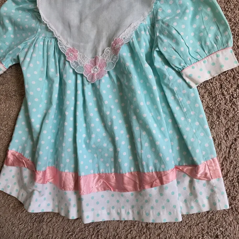 Vintage Cottagecore Polka Dot Peasant Prairie Dress Collar Girls Size 4 Blue 90s
